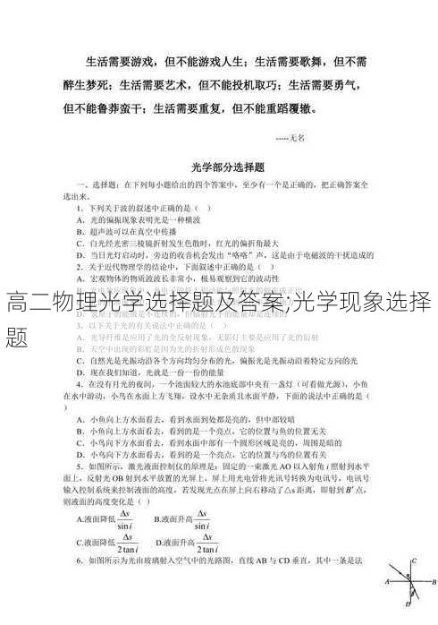 高二物理光学选择题及答案;光学现象选择题