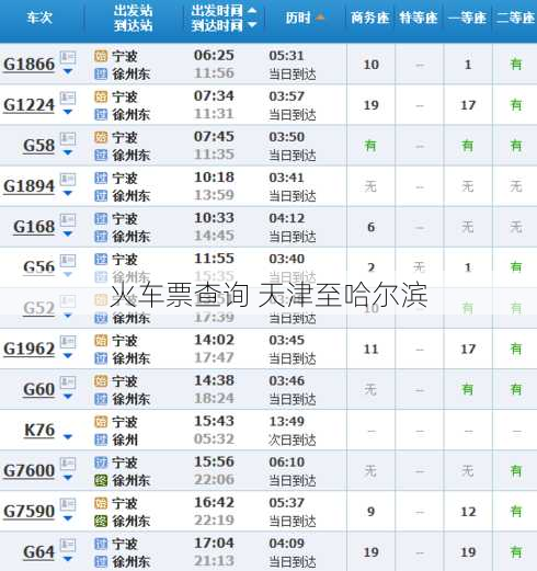 火车票查询 天津至哈尔滨
