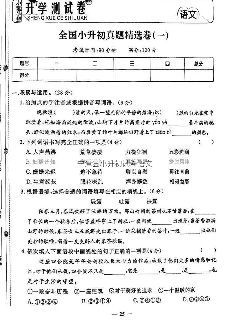 宁津县小升初试卷语文