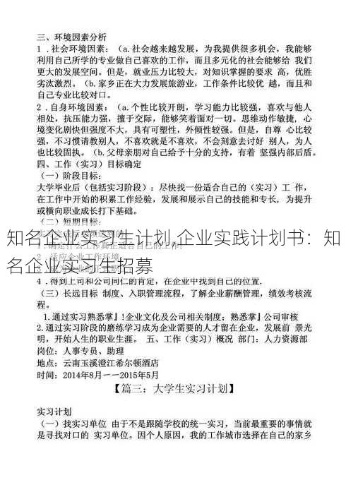 知名企业实习生计划,企业实践计划书：知名企业实习生招募