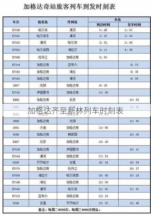 加格达齐至新林列车时刻表