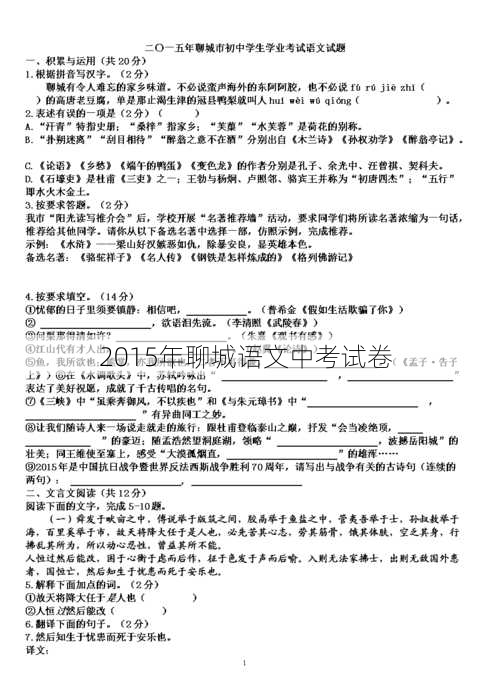 2015年聊城语文中考试卷