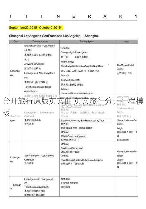 分开旅行原版英文曲 英文旅行分开行程模板